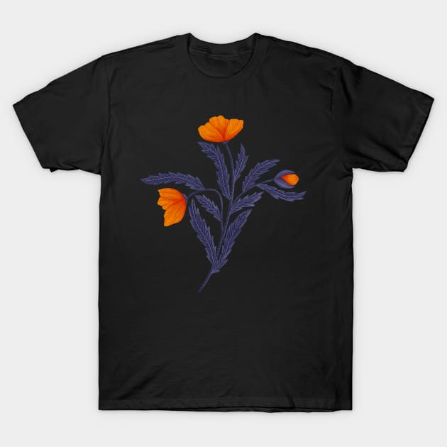 Poppy Flower 2 Orange Blue T-Shirt by DenesAnnaDesign